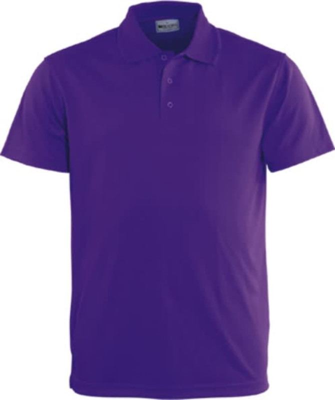 A purple ladies' basic polo shirt featuring a collar and three buttons, with a logo on the left side.