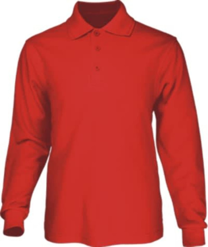 A red long sleeve polo shirt for unisex adults, featuring a collar and three buttons, with a logo.