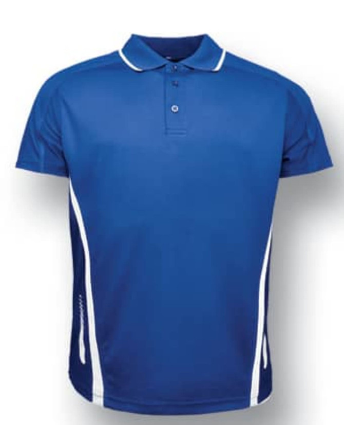 A blue unisex polo shirt featuring white side accents and a collar, with a logo on the front.