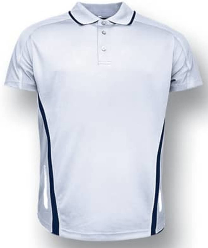 A white unisex polo shirt featuring navy side stripes and a collar. The shirt has a logo on it.