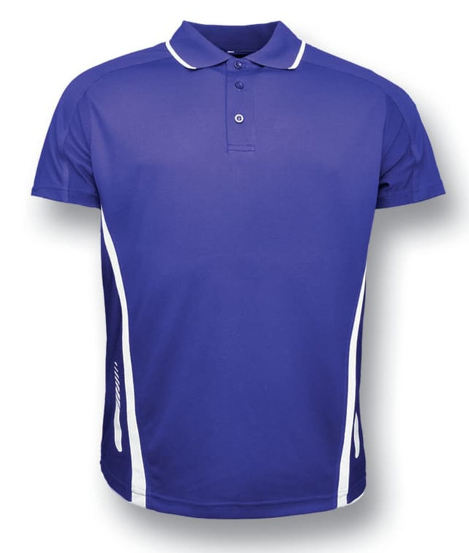 A unisex adult polo shirt in vibrant blue with white side accents and a collar. Features a logo.