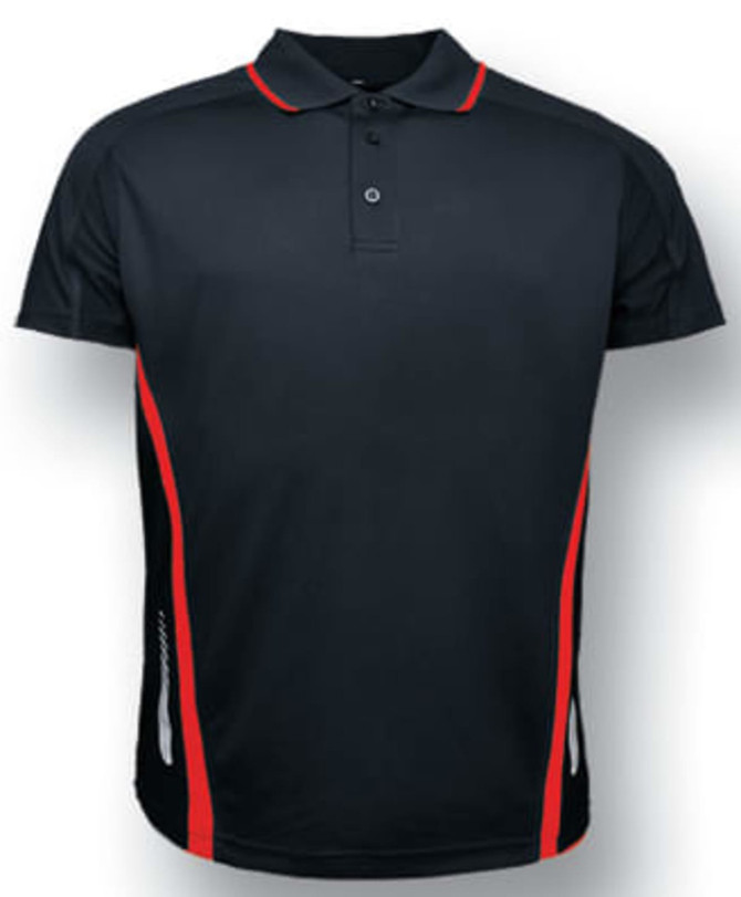 A black polo shirt with red accents and a logo on the chest. Features a classic collar and short sleeves.