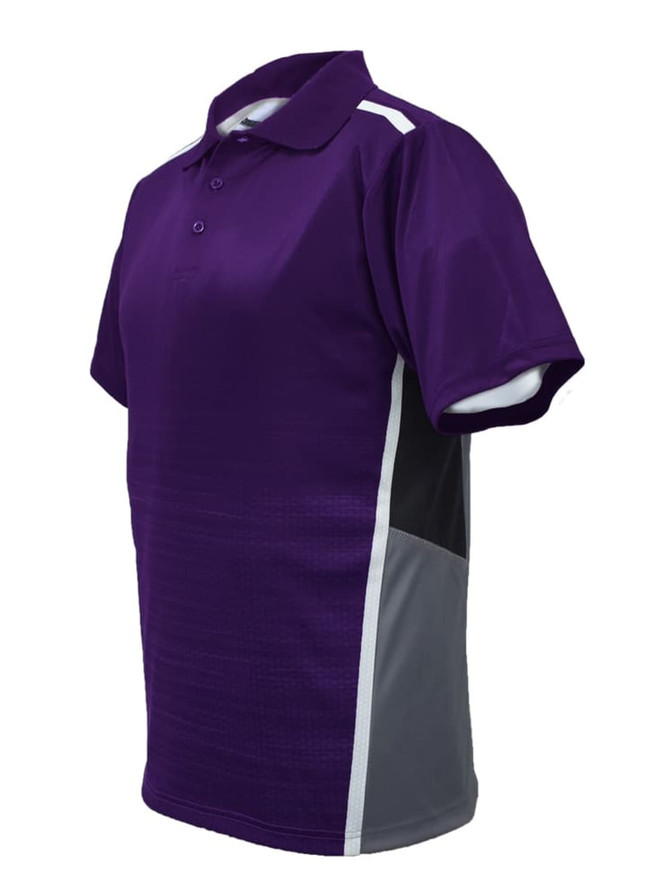 A purple and grey unisex polo shirt with short sleeves and a logo on the front.