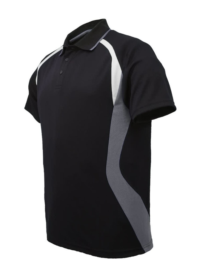 A black and grey unisex polo shirt with a sporty design and a logo.