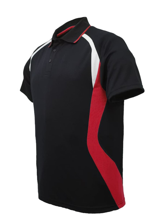 A black polo shirt with red and white accents, featuring a collar and short sleeves. The shirt has a logo.