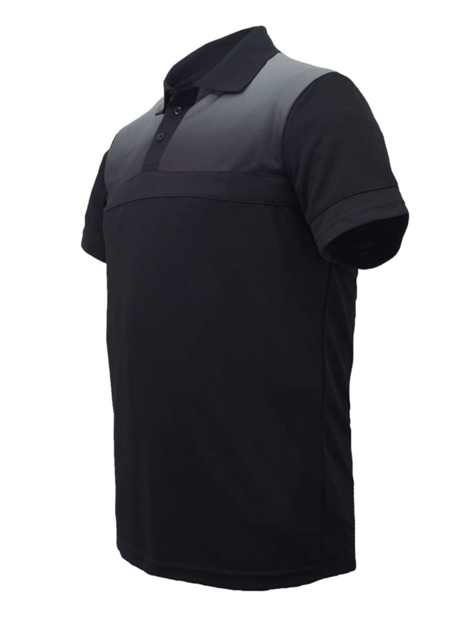 A black and grey unisex polo shirt featuring a collar and short sleeves, with a logo on the chest.