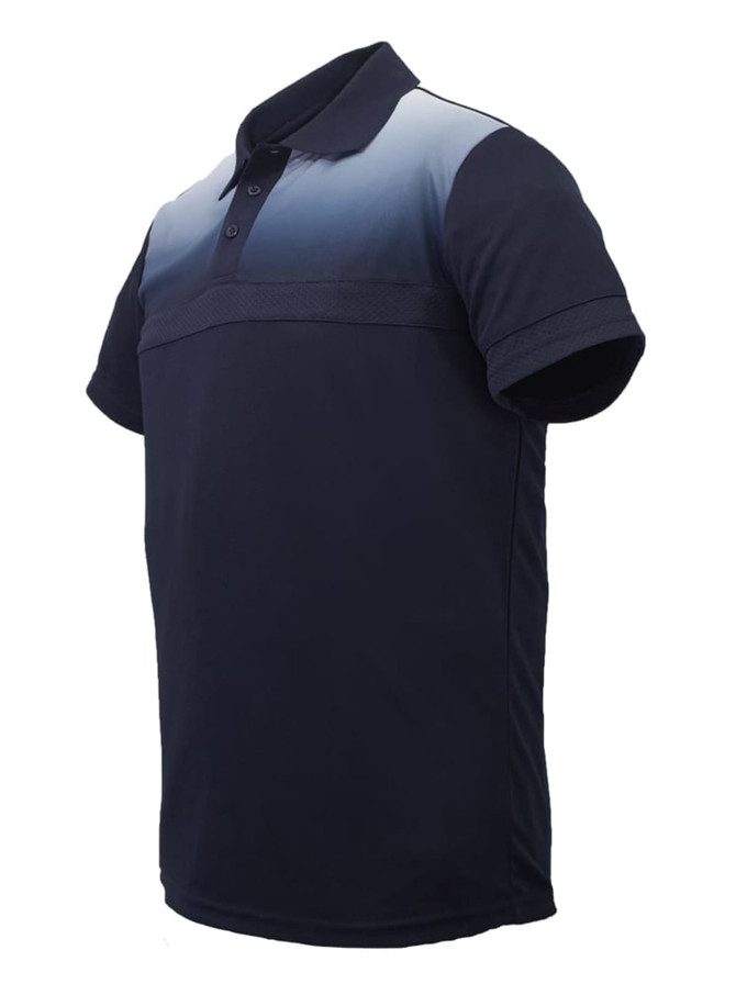 A navy unisex polo shirt with a gradient design, featuring a collar and short sleeves. It has a logo on it.