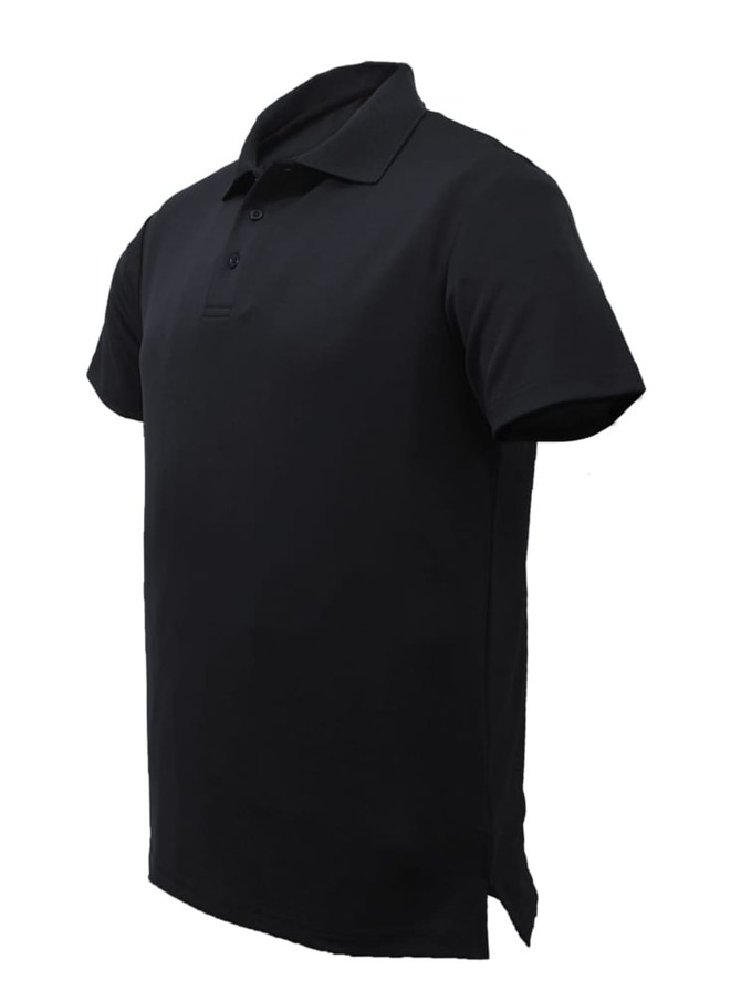A black unisex adults plain cotton polo shirt with a three-button placket and collar, featuring a branding logo.