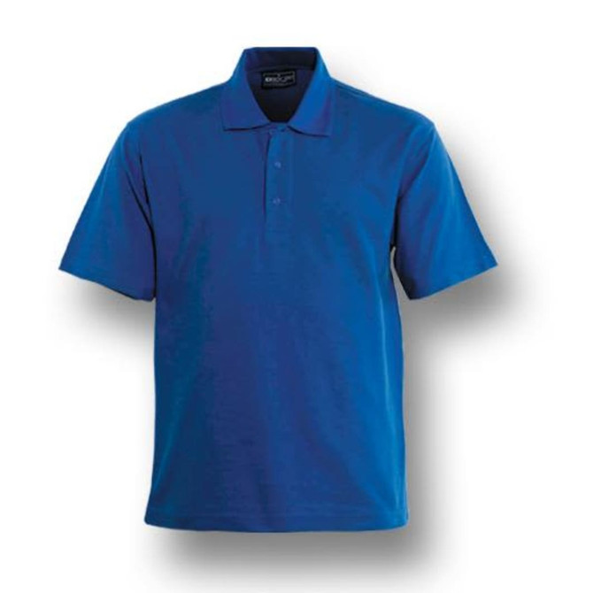 A blue short sleeve polo shirt with a collar and button placket, featuring a logo on the chest.