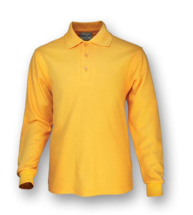 A long sleeve polo shirt in bright yellow with a collar and buttons, featuring a logo on the chest.