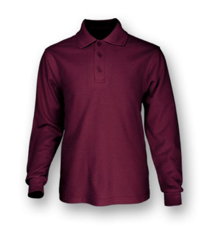 A long sleeve polo shirt in a rich burgundy colour with a collar and buttons, featuring a logo.