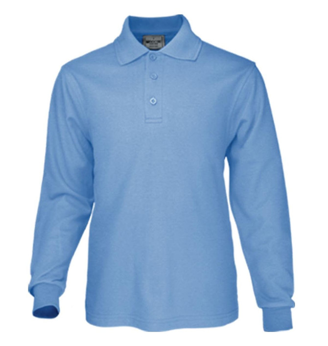 A long sleeve polo shirt in light blue, featuring a collar and buttons, with a logo on the chest.