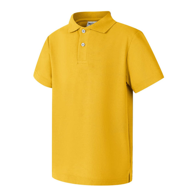 A yellow short sleeve polo shirt with a collar and a logo. It features three buttons at the neckline.