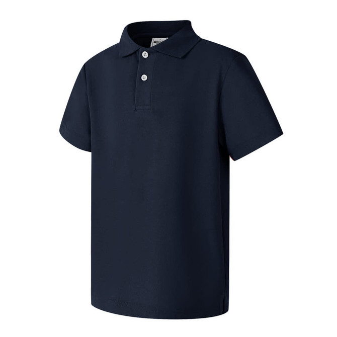 A short sleeve polo shirt in navy blue with three buttons and a collar, featuring a logo.