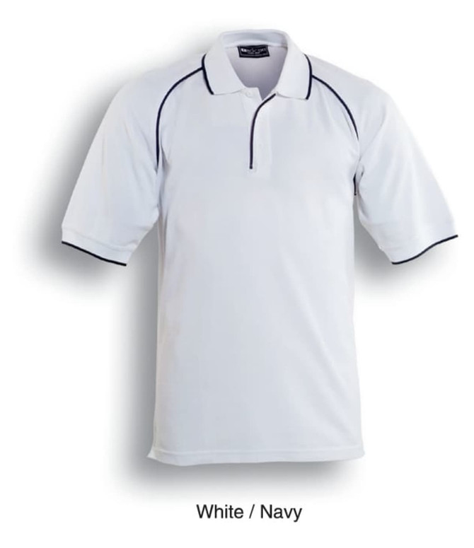 A white and navy unisex raglan polo shirt with short sleeves and a collar. It features a logo.