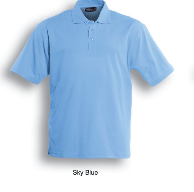 Sky blue unisex basic polo shirt with a collar and short sleeves, featuring a logo.