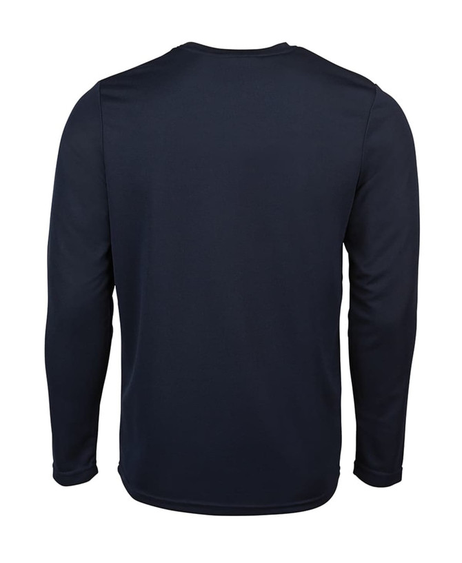 A dark navy long-sleeve t-shirt with a plain back and a logo on the neck area.