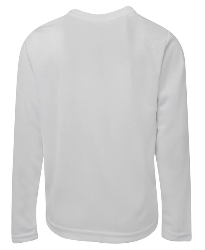 A long-sleeve white T-shirt with a plain design and a logo on the back.