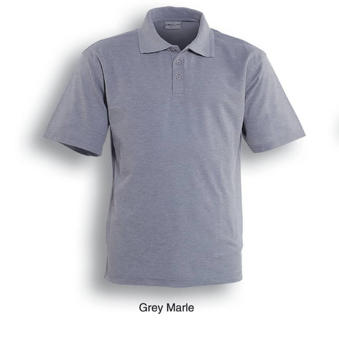 A grey marle kids' polo shirt with a collar and short sleeves, featuring a logo.
