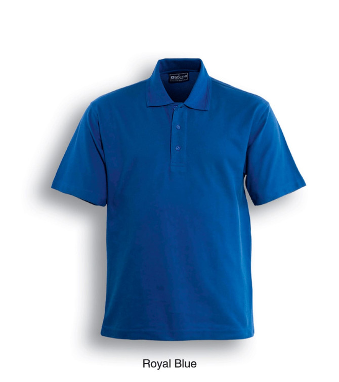 A royal blue polo shirt with a collar and short sleeves, featuring a logo on the front.