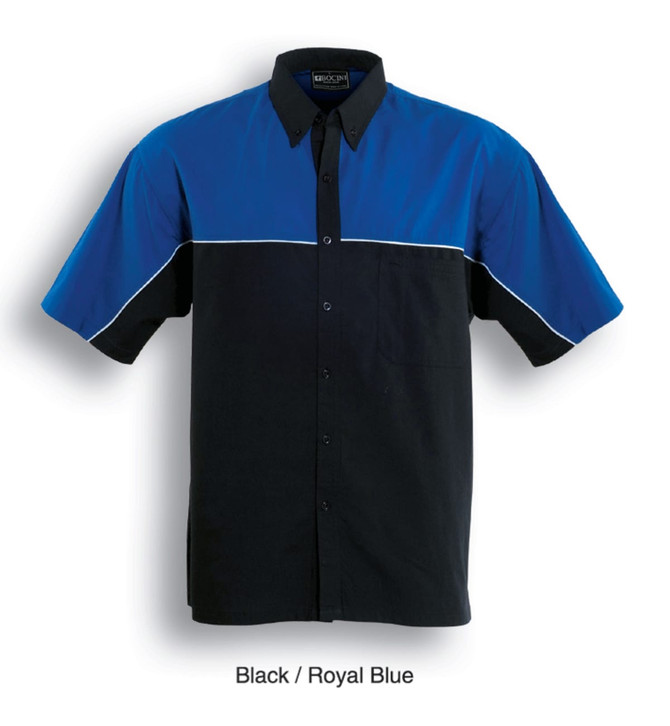 Short-sleeved button-up shirt in black and royal blue, featuring a pocket and logo branding.