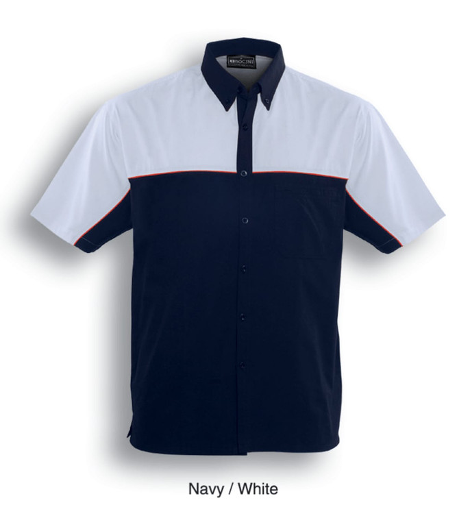 A navy and white button-up shirt featuring a contrasting design and a logo.