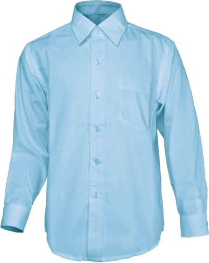 A light blue long sleeve button-up school shirt with a pocket and a collar. It features a logo on the fabric.