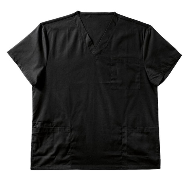 A black men's scrubs top with a V-neck and multiple pockets. The top features short sleeves and a logo.