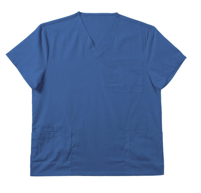 A men's scrub top in a vibrant blue colour with a pocket on the chest and two side pockets.