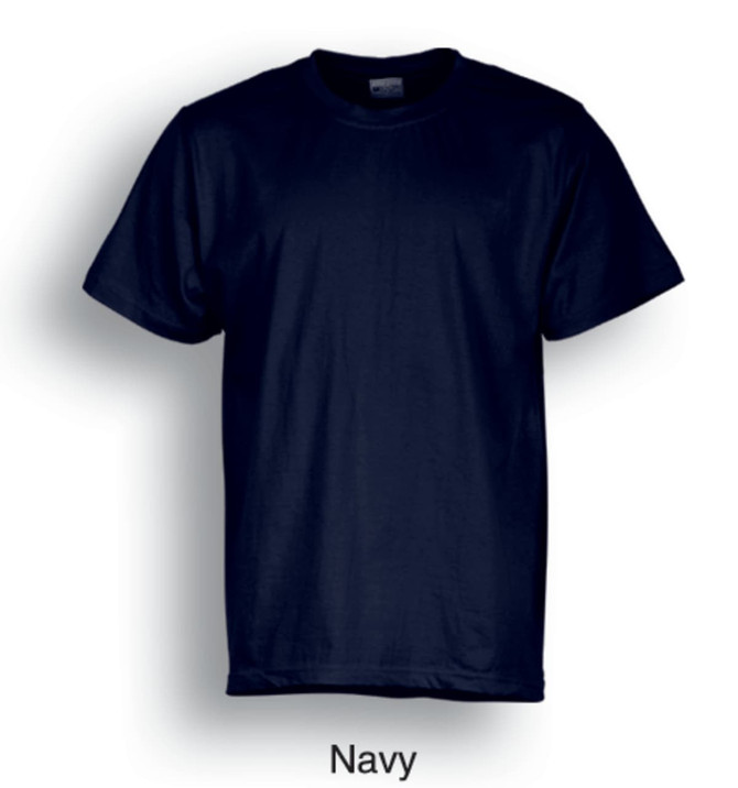A navy plain cotton T-shirt featuring short sleeves and a crew neck design. It includes branding on the label.