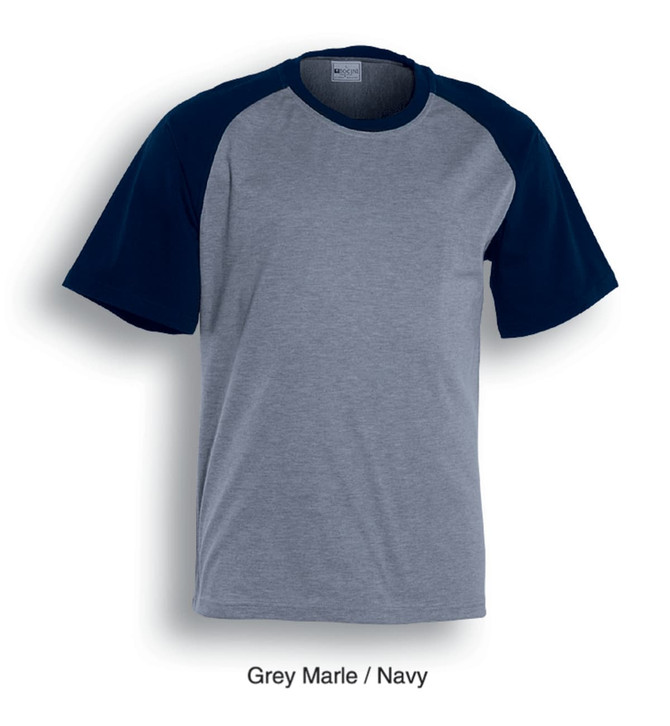 A unisex raglan sleeve tee shirt in grey marle and navy, featuring contrasting sleeves and a logo.
