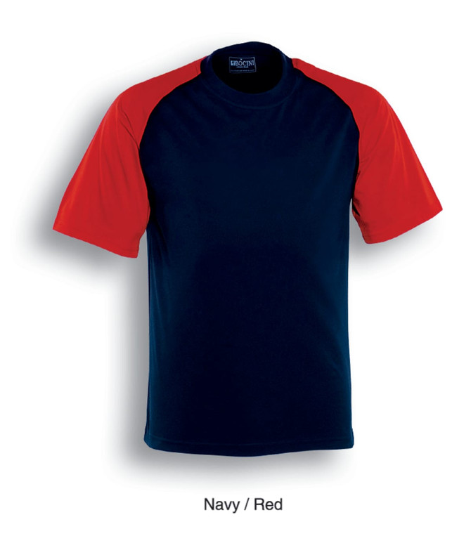 A unisex adults raglan sleeve tee shirt featuring navy fabric with red sleeves and a logo on the neckline.