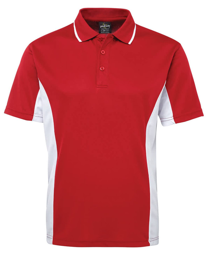 A red polo shirt with white side panels and a collar, featuring a logo on the chest.
