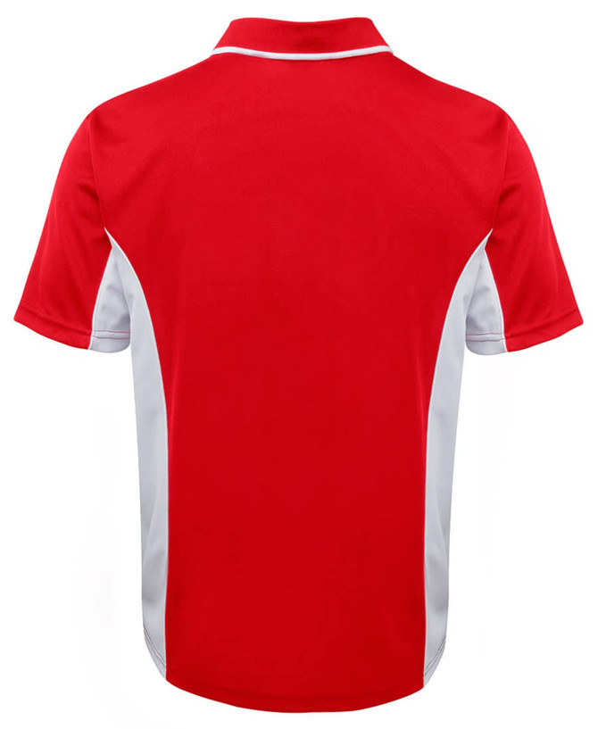 A red polo shirt with white accents on the sides and a collar. It features a logo on the design.