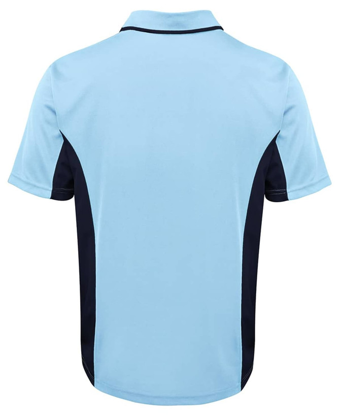 A light blue polo shirt featuring navy side panels and a collar, with a logo on the back.