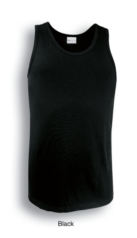 A black men's cotton singlet with a round neck and no sleeves, featuring a label at the top.