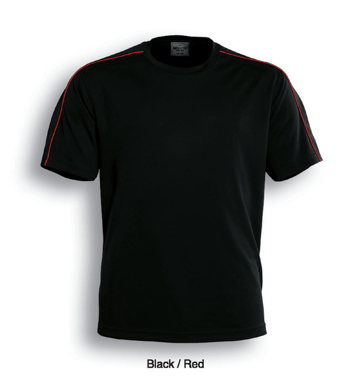 A black and red unisex round neck tee shirt with contrasting red shoulder stripes and a logo.