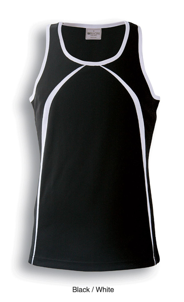 A black singlet with white detailing, featuring a fitted design and a logo. Suitable for casual wear.