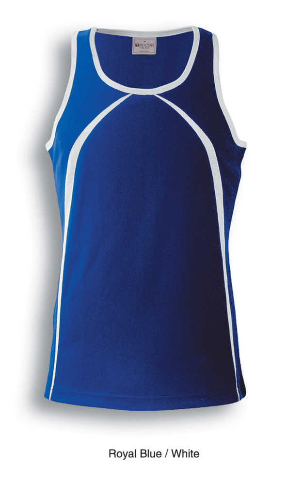 A royal blue and white singlet featuring a sporty design and a branding logo.