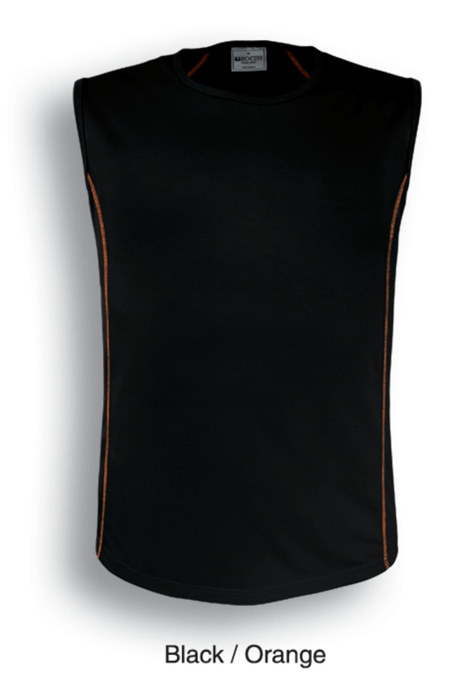 A sleeveless men's tank top in black with orange detailing and a branding logo.