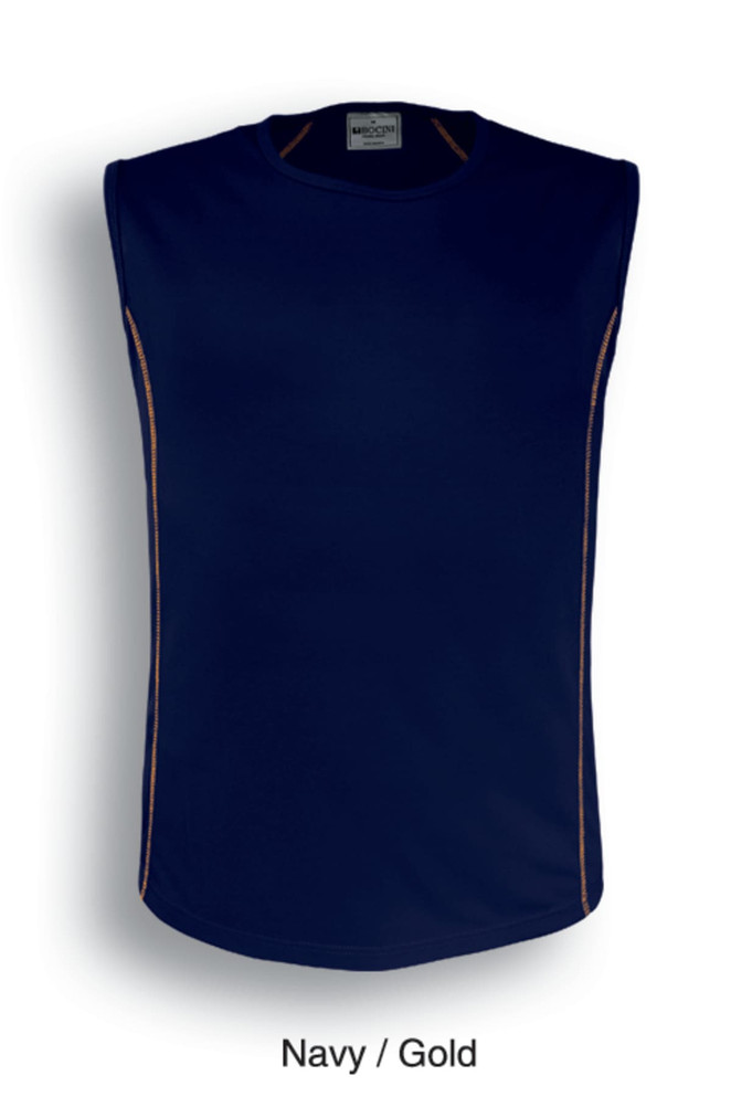 A navy singlet with gold accents and a branded logo, featuring a sleeveless design.