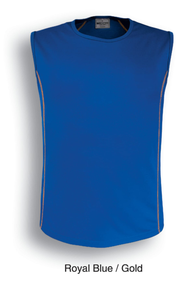 A sleeveless tank top in royal blue and gold, featuring a simple design and a branded logo.