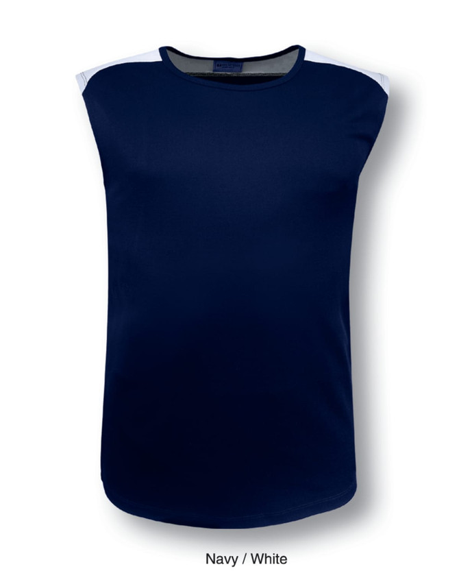 A navy and white men's tank top featuring contrast detailing and a logo on the shoulder.