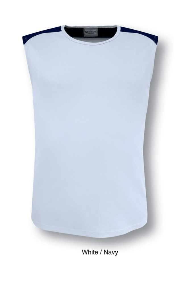 A white tank top featuring navy contrast detailing on the shoulders and a branded logo.