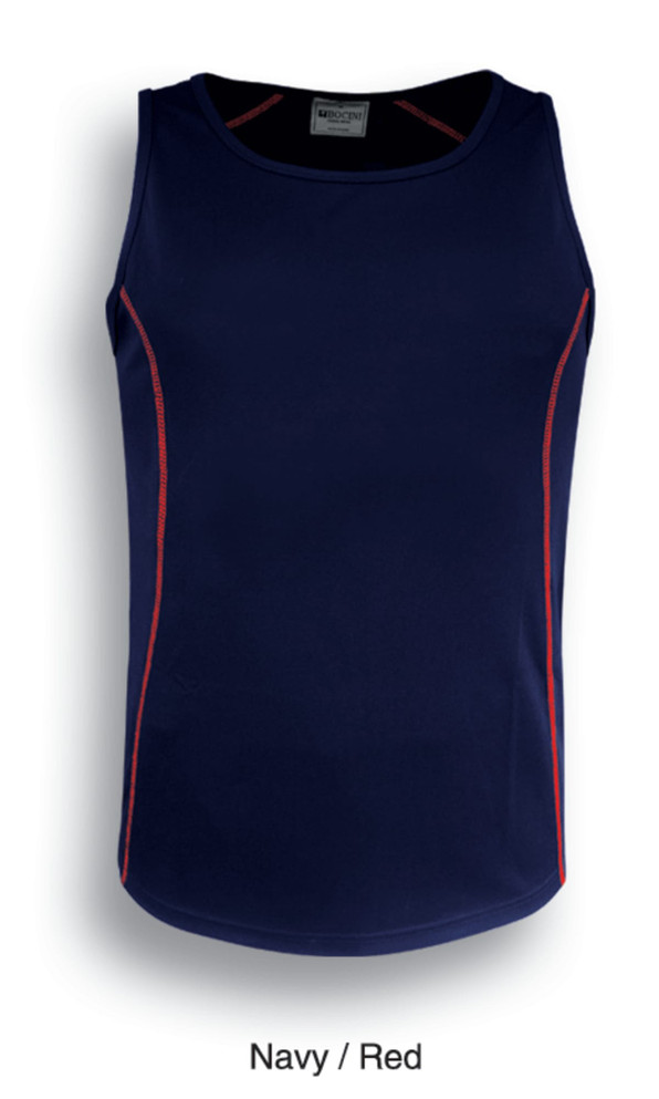A navy singlet with red detailing and a logo. Suitable for casual wear.