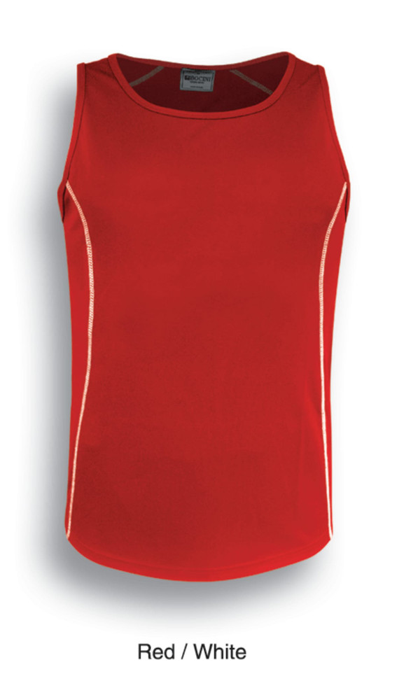A red singlet with white accents and a logo on the chest, featuring a sleeveless design.