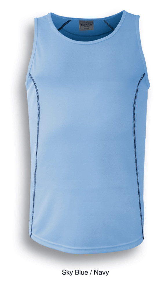 Sky blue men's singlet featuring navy stitching and a classic scoop neck design. Includes a logo.