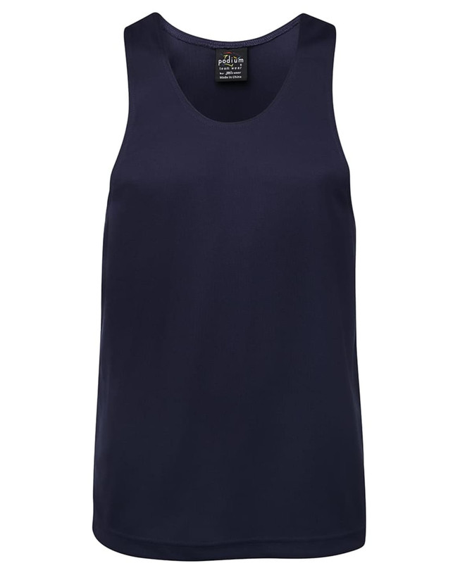 A navy blue singlet featuring a logo, designed for comfortable wear.