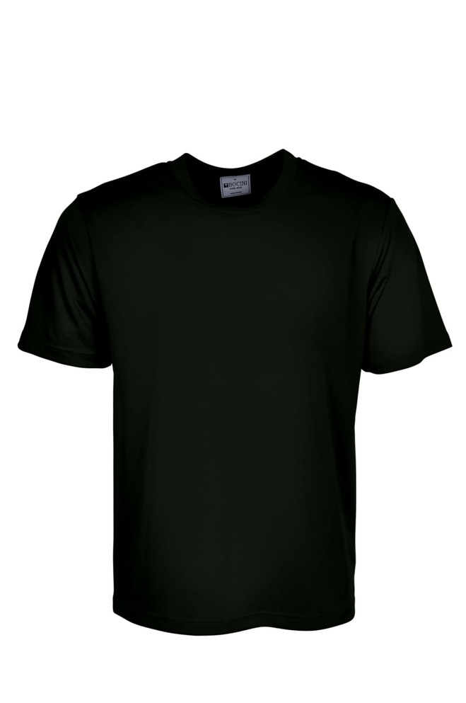 A plain black unisex micromesh tee shirt with short sleeves. The shirt includes a label and no visible branding.