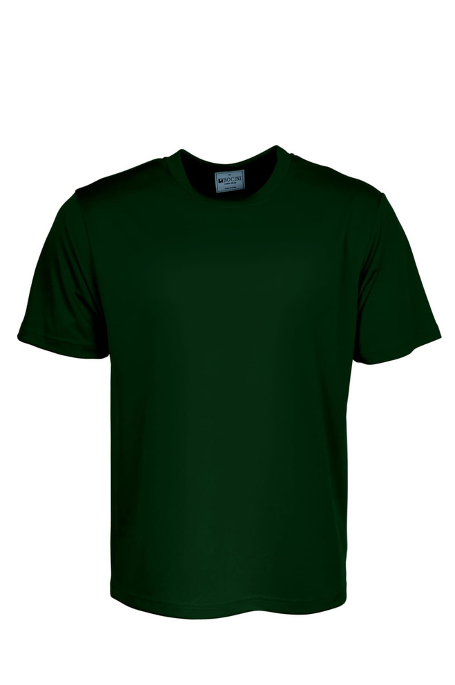 A dark green unisex plain micromesh tee shirt with short sleeves and a logo on the label.